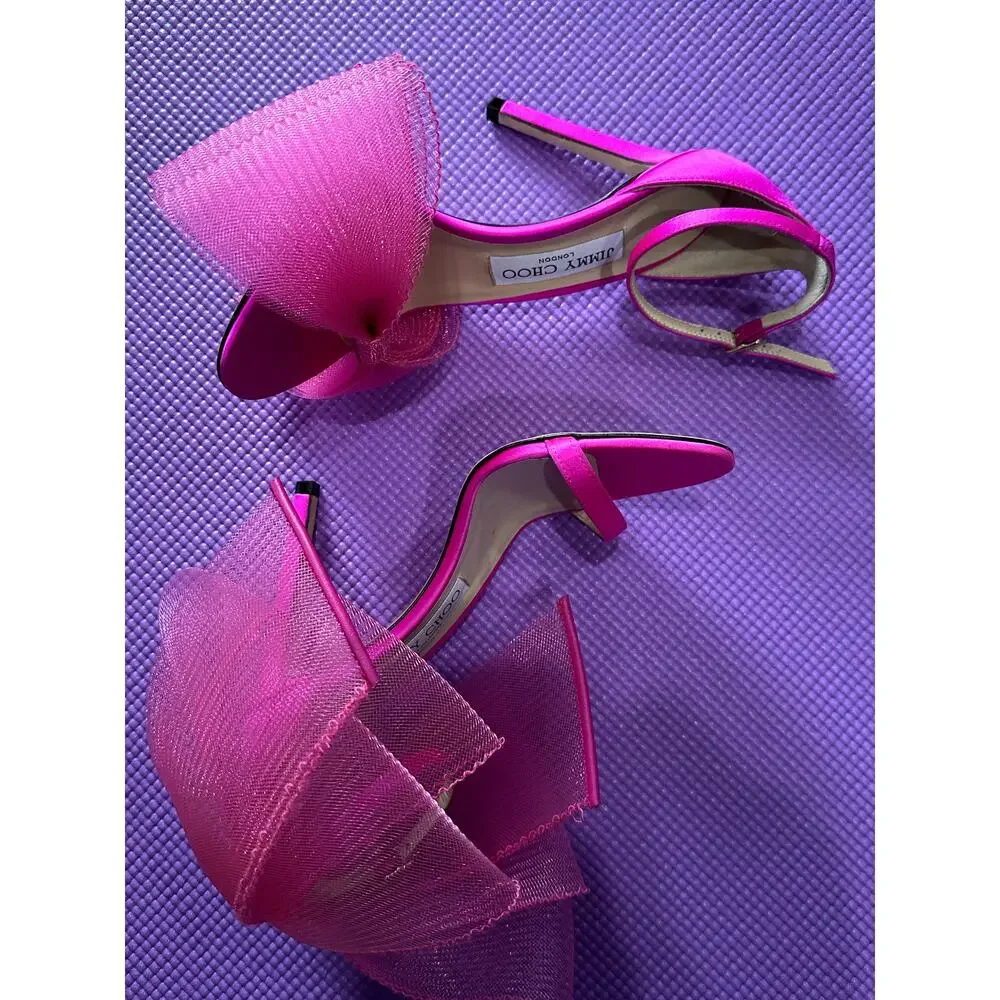 New $995 Jimmy Choo Aveline 100 Fuchsia Bow Sandals Womens Shoes Size 37 Heels